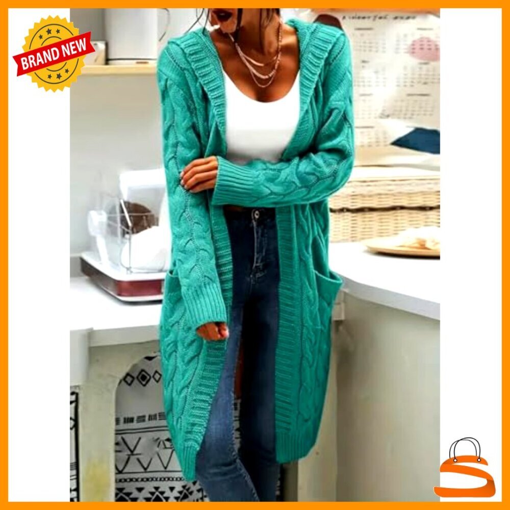 Long Cable Knit Cardigan Open Front Oversized Chic Sweater with Pockets - Picture 3 of 4